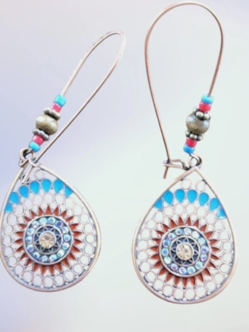 Red & Blue Bead Dangle Earrings Rhinestone Boho Statement Jewelry